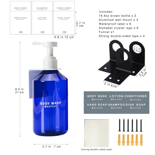 3-Chamber Shampoo & Conditioner Dispenser - Wall-Mounted Soap Dispenser Plastic Bottles with 4CC Pumps, No Drill Installation, Refillable for Bathroom, RV, Commercial Use Blue - color: Blue