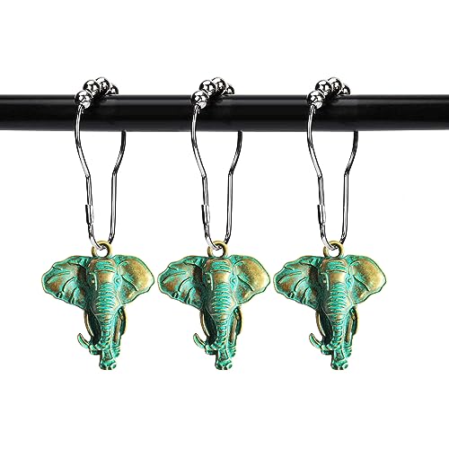 Set of 12 Realistic Elephant Shower Curtain Hooks Decorative Home Bathroom Stainless Steel Rustproof Shower Curtain Rings Decor Accessories (Patina) - color: Patina