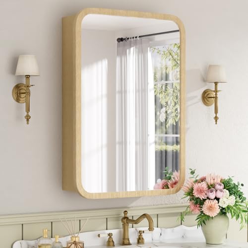 20x28 Inch Wood Medicine Cabinet with Mirror for Bathroom, Oak | Fully Assembled, Surface or Recessed Mount Mirror Cabinet, Rounded Corner, 3 Adjustable Glass Shelves, Soft-Close Door