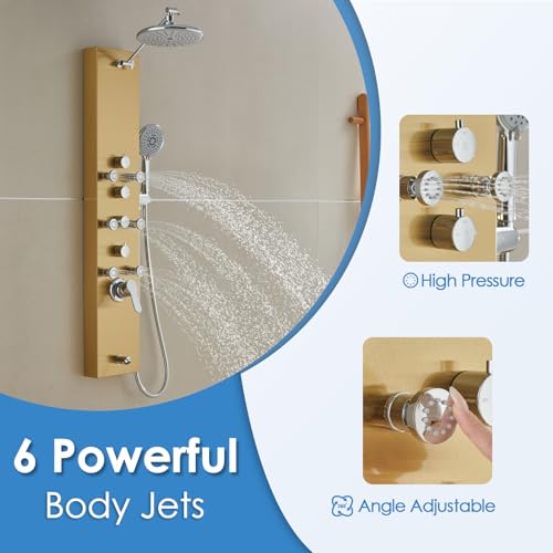 ROVOGO Gold Shower Panel Tower System, 4 Shower Modes Simultaneous Function | Rain Shower Head, Handheld, Body Jets, Tub Spout, Height Adjustable Shower Arm, Stainless Shower Column W/ Brass Valve, 43.3" - color: Gold-Adjustable Rain Head