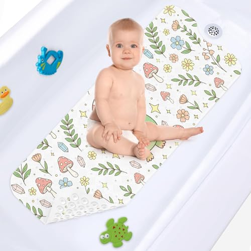 Green Cute Frog Mushrooms Bathtub Shower Mat Summer Leaf Flower Non-Slip Tub Mat Extra Long Bath Floor Mats 40X16 Inch Machine Washable for Bathroom Tub Bath Mat for Toddler and Baby - color: Green Frog Mushrooms