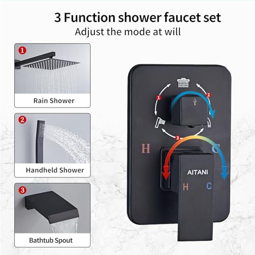 Shower Faucet Set Complete, Shower System Black with 12 inch Square Rainfall Shower Head 3-Function Handheld Shower Waterfall Bathtub Spout Rain Shower Combo Bathroom Wall Mounted fit All Valve Types - style: 12inch-with tub spout