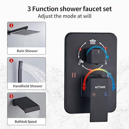 Shower Faucet Set Complete, Shower System Black with 10 inch Square Rainfall Shower Head 3-Function Handheld Shower Waterfall Bathtub Spout Rain Shower Combo Mounted Bathroom Wall fit All Valve Types - style: 10inch-with tub spout