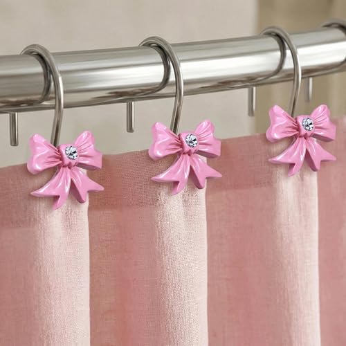 Pink Bow Shower Curtain Hooks: Decorative Bathroom Curtain Rings, 12Pcs | Cute Rustproof Hangers for Valentine & Xmas Holiday Bathroom Decor, Chic Coquette Accessories & Housewarming Gift for Girls - color: Pink