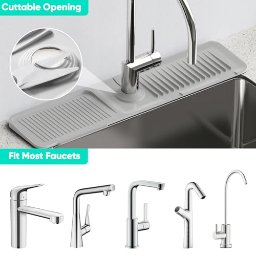 24 Inch Longer Faucet Mat for Kitchen Sink [5°Slope Fast Self-draining]Bathroom Kitchen Sink Splash Guard Silicone Sink Faucet Mat Splash Guard Kitchen Sink Area Tidy Splash Faucet Guard Draining Mat - color: Light Gray, size: 24" x 5.5"