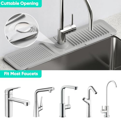 24 Inch Longer Faucet Mat for Kitchen Sink [5°Slope Fast Self-draining]Bathroom Kitchen Sink Splash Guard Silicone Sink Faucet Mat Splash Guard Kitchen Sink Area Tidy Splash Faucet Guard Draining Mat - color: Light Gray, size: 24" x 5.5"