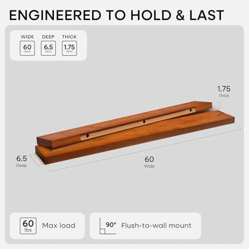 Floating 60 inch Oak Shelves, High End Solid Real Wood 60inch Floating Shelf for Wall Mounted, Honey Oak Wooden 60in Large Floating Shelves, Heavy Duty Bracket, 60 X 6.5 X 1.75 in, Set of 2 - color: Honey Oak - Warm Amber Tone, size: 60 inch