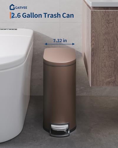 Garvee 2.6 gal / 10 L Metal Bathroom Trash Can with Lid, Slim Waterproof Garbage Can for Bedroom, Small Step-on Trash Bin with Inner Bucket, Rear Handle, Soft Close Lid, Brown - color: Brown, size: 2.6 Gallons