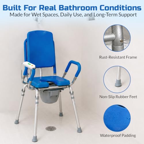 Raised Toilet Seat with Handles, Elevated Toilet Seat Riser for Seniors | Comfortable, Accessible Bedside Toileting - Blue, padded seat, backrest, 330 lb - size: 330lb. Capacity