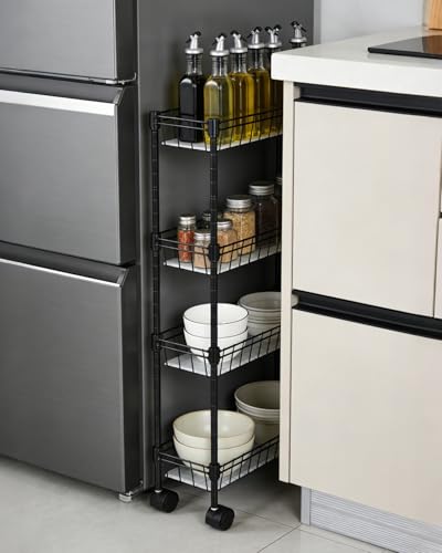 GarveeHome Slim Rolling Storage Cart, 4 Tier Metal Utility Cart with Wheels, Adjustable Shelving Unit Basket for Kitchen Bathroom Laundry Room Living Room & Narrow Corner, 15.75"X5.91"X31.5", Black - size: 4 Tier