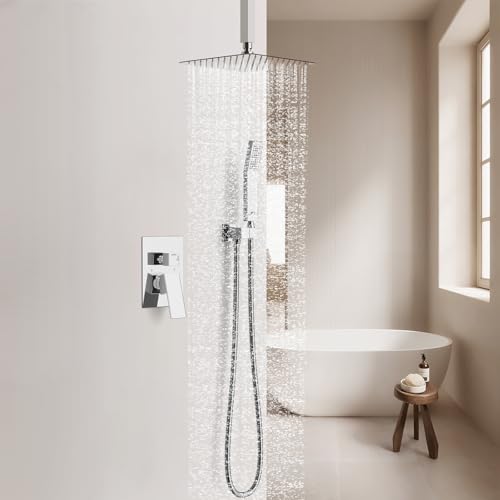SunCleanse Rainfall Shower Faucet Set with High Pressure in Polished Chrome | Ceiling mounted shower combo set featuring a 10" square rain head, handheld spray, and rough-in mixer valve with trim. - color: Polished Chrome, style: 10-ceiling