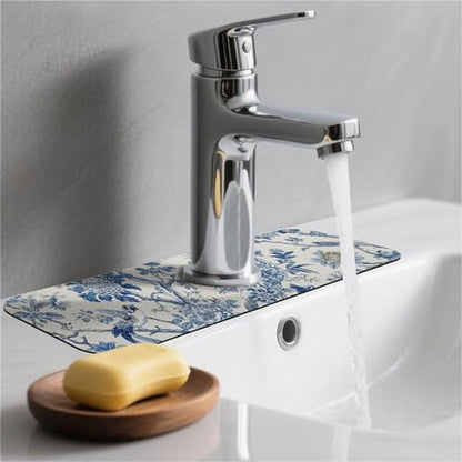 Kitchen Sink Splash Guard，Blue flowers and birds-1 Faucet Mat Sink Gadgets-Super Absorbent Fast Drying Mat Drip Catcher for Kitchen, Bathroom,Sink Mat, Dish Drying Mat, Bathroom(15" X 5.5" ) - color: Blue flowers and birds-1