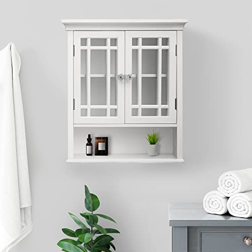 Teamson Home Neal Wooden Over The Toilet Bathroom Removable Wall Medicine Cabinet with 1 Fixed and 1 Adjustable Shelf 3 Storage Spaces 2 Glass Mosaic Doors and Crystal-Cut Acrylic Knobs, White | Detachable Over the Toilet Storage, Two Doors, Adjustable Sh