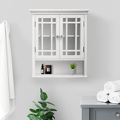Teamson Home Neal Wooden Over The Toilet Bathroom Removable Wall Medicine Cabinet with 1 Fixed and 1 Adjustable Shelf 3 Storage Spaces 2 Glass Mosaic Doors and Crystal-Cut Acrylic Knobs, White | Detachable Over the Toilet Storage, Two Doors, Adjustable Sh