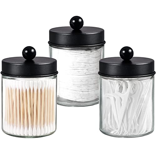 3 Pack Apothecary Jar Canisters Bathroom Vanity Organizer - Qtip Holder Storage Organizer Set Countertop Canister with Stainless Steel Lids &Cute Stickers for Qtips,Cotton Swabs,Makeup Sponges,Floss | Qtip Holder Storage Organizer Set Countertop Canister
