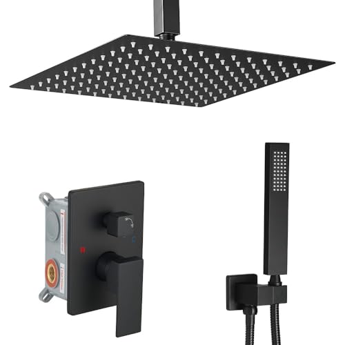 Matte Black Shower System Bathroom 16 Inch Rain Shower Head Ceiling Mount with Handheld Luxury High Pressure Shower Combo Set Shower Faucet Rough-in Valve Body and Trim Kit - color: Matte Black, size: 16 Inch