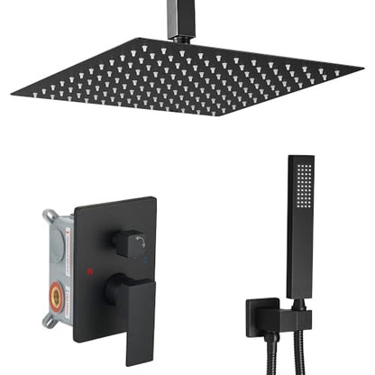 Matte Black Shower System Bathroom 16 Inch Rain Shower Head Ceiling Mount with Handheld Luxury High Pressure Shower Combo Set Shower Faucet Rough-in Valve Body and Trim Kit - color: Matte Black, size: 16 Inch