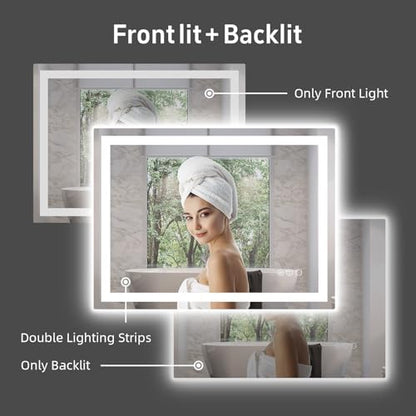 20"x 28" LED Bathroom Mirror with Front and Backlight, Stepless Dimmable Bathroom Mirrors with Anti-Fog, Lighted Bathroom Vanity Mirror for Wall, Shatter-Proof Led Mirror for Bathroom | Front & Backlit, Memory Function, HD Tempered Glass Vanity Mirror, An