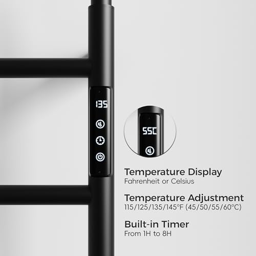 Towel Warmer, Stainless Steel Heated Towel Racks for Bathroom, 6 Bars Wall Mounted Towel Heater with Intelligent Touch Screen Timer & Temperature Adjustment, Plug-in/Hard-Wired, Black - color: Black, size: 6-Bar