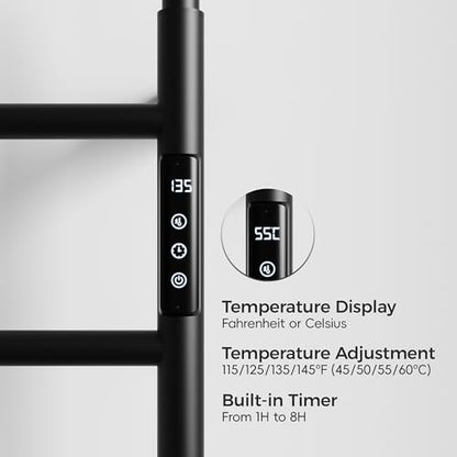 Towel Warmer, Stainless Steel Heated Towel Racks for Bathroom, 6 Bars Wall Mounted Towel Heater with Intelligent Touch Screen Timer & Temperature Adjustment, Plug-in/Hard-Wired, Black - color: Black, size: 6-Bar