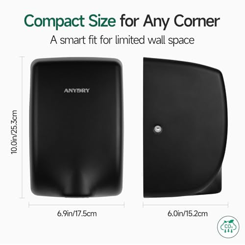 anydry Compact Hand Dryer for Bathrooms, Matte Black Stainless Steel Finish | Ideal for Commercial or Home Use, High-Speed Airflow, Fast Drying, AC 100–130 V~, Smart Warm Wind, Easy Hardware Wiring - color: Fingerprint-resistant Matte Black