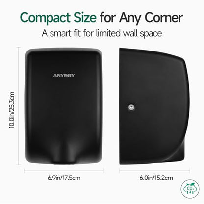 anydry Compact Hand Dryer for Bathrooms, Matte Black Stainless Steel Finish | Ideal for Commercial or Home Use, High-Speed Airflow, Fast Drying, AC 100–130 V~, Smart Warm Wind, Easy Hardware Wiring - color: Fingerprint-resistant Matte Black