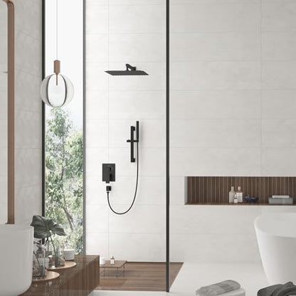 Hoimpro 12 Inch Matte Black Shower System with Adjustable Slide Bar, Square Rain Shower Head and Wand Wall Mounted, Rainfall Shower Faucet Fixture Combo Set, 2 in 1 Handheld Showerhead for Bathroom