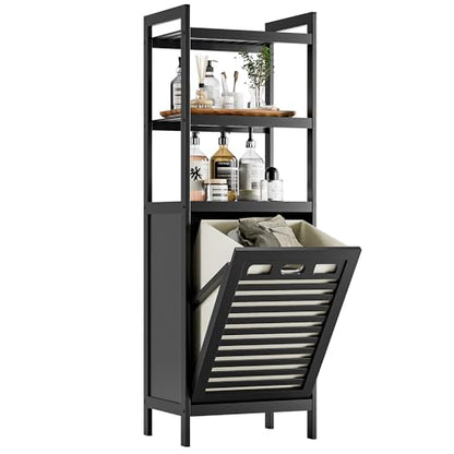HITNET Tilt Out Laundry Hamper, Bamboo Bathroom Cabinet with Pull Out Removable Bag and 3 Tier Storage Shelves, 10 Gal Clothes Basket with Metal Handle, Black - color: Black