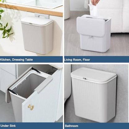 Kitchen Compost Bin Cabinet Hanging Small Trash Can with Lid 2.4 Gallon | Food Waste Bin for Counter Top Under Sink Rv Wall Mounted Bathroom Trash Can - color: grey