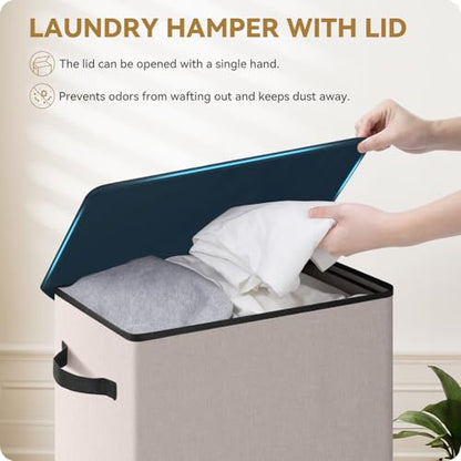 SOLEDI Slim Laundry Hamper with Lid, Narrow Laundry Basket with Removable Bags, Dirty Clothes Hamper with handle, Small Hamper perfect for Laundry room, Bathroom, Bedroom, Small spaces.Light taupe - color: Light taupe, size: 70L