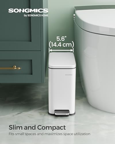 SONGMICS Bathroom Trash Can, 1.3 Gallon (5 L) Small Trash Bin with Lid, Slim for Small Spaces, Stainless Steel Garbage Can, Soft Close, White ULTB560W05 - color: White, style: 1.3 Gal.
