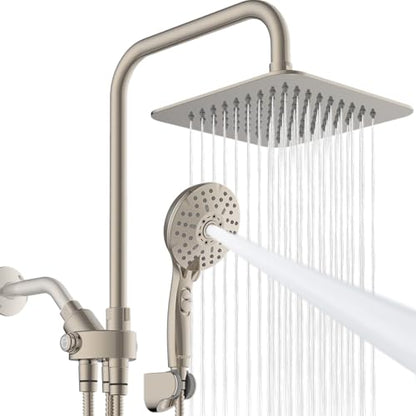 Dual Shower Head Combo, 8'' High Pressure Rain Shower Head with Handheld Spray, 6+1 Spray Settings Handheld Showerhead, Height Adjustable, One-touch Pause Button, Brushed Nickel - color: Brushed Nickel