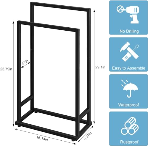 Towel Racks for Bathroom, 2 Tier Standing Stainless Steel Towel Racks Stand for Bathroom, Hand Towel Drying Rack Holder, Towel Bar Stand Blanket Rack, Black
