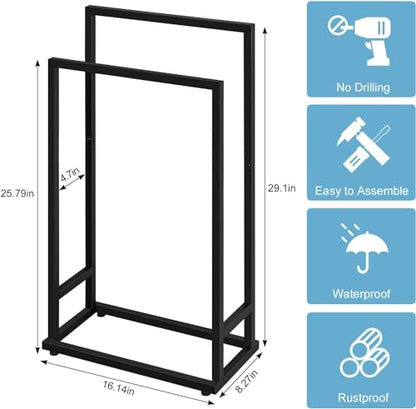 Towel Racks for Bathroom, 2 Tier Standing Stainless Steel Towel Racks Stand for Bathroom, Hand Towel Drying Rack Holder, Towel Bar Stand Blanket Rack, Black