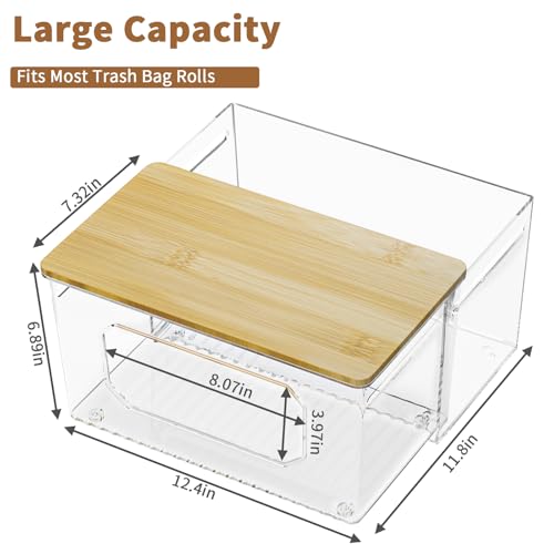 spospo Trash Bag Holder 2-in-1 Under Sink Organizer with Bamboo Lid | Acrylic Trash Bag Dispenser with Pull-Out Basket for Cleaning Supplies, Garbage Bag Holder for Kitchen Laundry Room Storage - size: 2-in-1