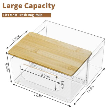 spospo Trash Bag Holder 2-in-1 Under Sink Organizer with Bamboo Lid | Acrylic Trash Bag Dispenser with Pull-Out Basket for Cleaning Supplies, Garbage Bag Holder for Kitchen Laundry Room Storage - size: 2-in-1