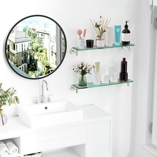 Glass Shelves for Bathroom,16-Inch Brushed Nickel Floating Bathroom Shelf Stainless Steel Tempered Glass Shelf Modern Shelves wall Mounted - color: Brushed Nickel, size: 16"without railing