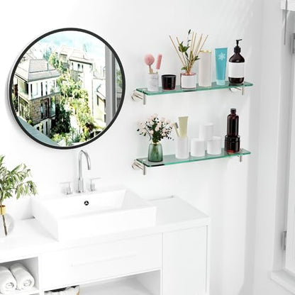 Glass Shelves for Bathroom,16-Inch Brushed Nickel Floating Bathroom Shelf Stainless Steel Tempered Glass Shelf Modern Shelves wall Mounted - color: Brushed Nickel, size: 16"without railing