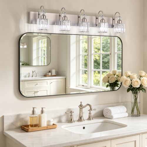 Ralbay Crystal Bathroom Vanity Light Brushed Nickel Modern 5 Light Bathroom Wall Lighting Fixtures Over Mirror - color: Round-Brushed Nickel, size: 5-light