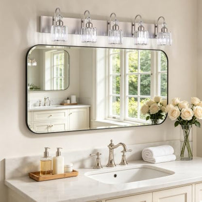 Ralbay Crystal Bathroom Vanity Light Brushed Nickel Modern 5 Light Bathroom Wall Lighting Fixtures Over Mirror - color: Round-Brushed Nickel, size: 5-light