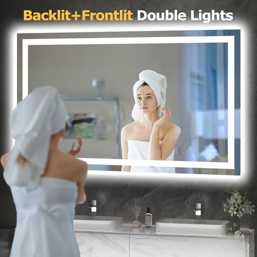Hivone 60"X36" LED Bathroom Mirror with Lights, Anti-Fog, Dimmable, Backlit + Front Lit, Smart Bathroom Vanity Mirror, Memory Function, Shatterproof, Tempered Glass (Horizontal/Vertical) - size: 60"L x 36"W