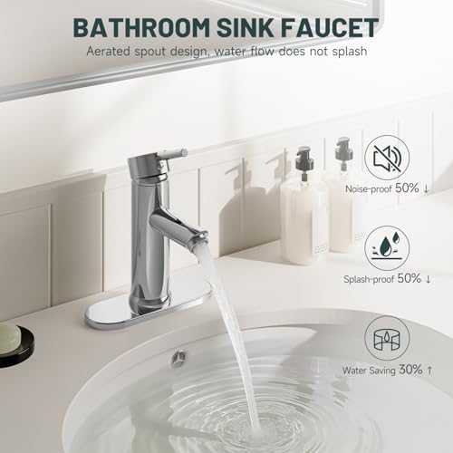 Chrome Bathroom Faucet for 1 or 3 Holes, Brass | Single Handle Bathroom Sink Faucets Modern Commercial Lavatory Vanity Faucet with Deck Plate and Supply Line Pop Up Drain - color: Chrome