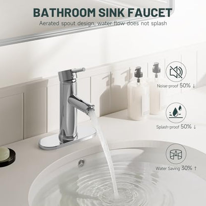 Chrome Bathroom Faucet for 1 or 3 Holes, Brass | Single Handle Bathroom Sink Faucets Modern Commercial Lavatory Vanity Faucet with Deck Plate and Supply Line Pop Up Drain - color: Chrome