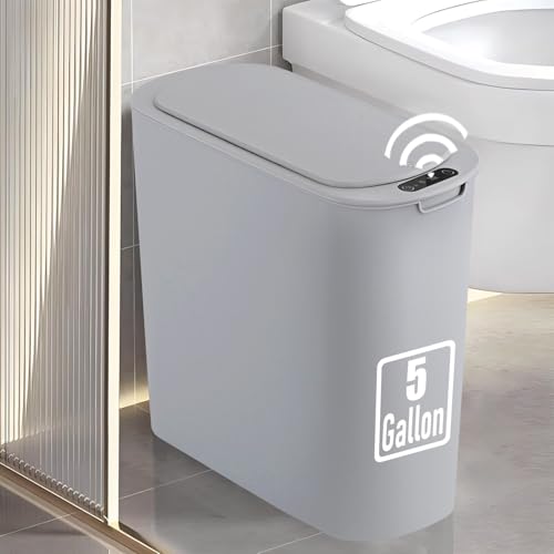 TIPGO 5 Gallon Motion Sensor Bathroom Trash Can with Lid, Automatic Garbage Can Touchless, Smart Plastic Waste Basket for Narrow Spaces, Bathroom, Office, Bedroom, Living Room (Gray) - color: Gray