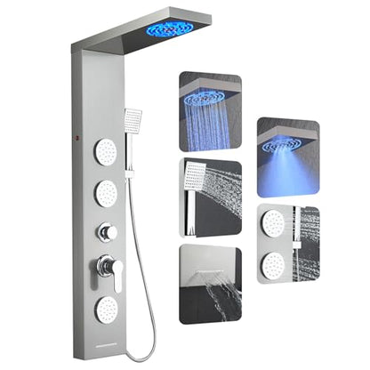 ROVOGO LED Shower Panel Tower System with Lights, 5 Shower Modes, 46.5 Inch | Rainfall Mist Shower Head, 3 Body Jets, Handheld, Waterfall Tub Spout, Stainless Steel Shower Column W/ Mixing Valve, Brushed - style: 46.5" Brushed