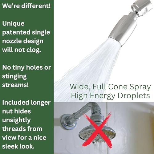 High Sierra® Classic™ Solid Metal 1.5 GPM Award Winning, Ultra Low Flow Shower Head. Patented Nozzle Never Clogs. Long Nut Hides Shower Arm Threads. Polished Chrome Finish - color: Chrome, size: 1.5 GPM
