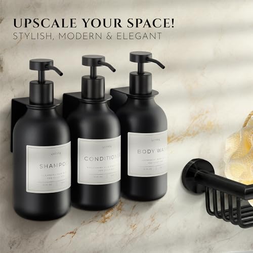 Shower Shampoo Dispenser Wall Mounted – 3 Refillable 16.9 oz Black Bottles with Stainless Steel Pumps & No-Drill Adhesive Holders – Soap Dispenser Set for Bathroom (3 X Black) - color: 3 X Black