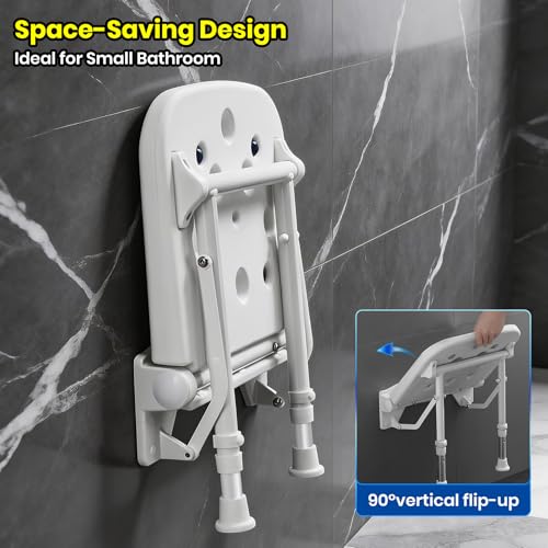 Wall Mounted Shower Seats w/PU Cushion Support 550lbs, Adjustable Height Folding Shower Chair Wall Mounted for Elderly-Adults-Pregnants-Seniors-Disabled - size: Shower Seat