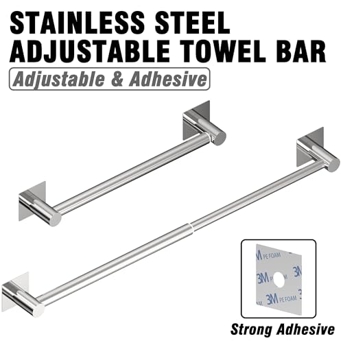 Towel Bar, Self-Adhesive Towel Racks for Bathroom, Chrome | Adjustable 13 to 23.6 Inch Stick on Towel Rod, 304 Stainless Steel Towel Holder, Rustproof, Square Base, No Drill, Modern - color: Chrome, size: Self-Adhesive