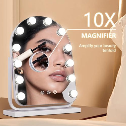 Makeup Mirror with Lights-3 Modes,Smart Touch Control,Detachable 10X Magnification,15.7"×11.8" Hollywood Vanity,360° Rotation （White） - size: 15.7"L x 11.8"W